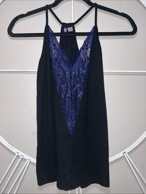 Chelsea28 Black Tank Top with Navy Lace Inset